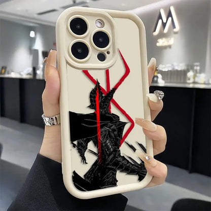 Back of cream-colored tpu berserk guts phone case featuring bold black and red armored figure graphic design