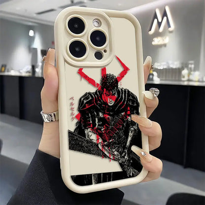 Cream-colored tpu berserk guts phone case featuring bold black and red griffith illustration with japanese text
