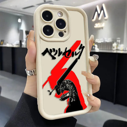 Cream-colored tpu berserk guts phone case featuring bold black and red sword-wielding figure with japanese text on back