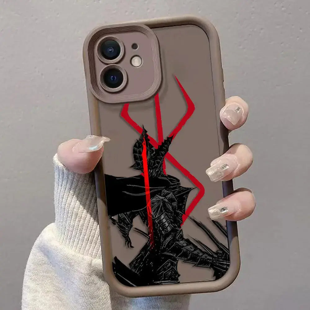 Gray TPU berserk guts phone case with black and red stylized armored figure graphic on the back side