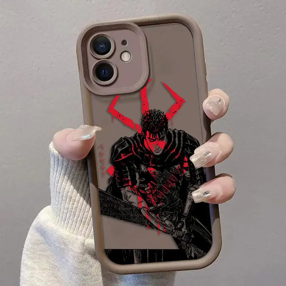 Gray TPU berserk guts phone case with bold black and red griffith illustration and angular red lightning bolts on back