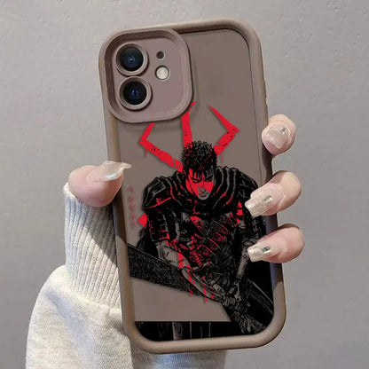 Gray TPU berserk guts phone case with bold black and red griffith illustration and angular red lightning bolts on back