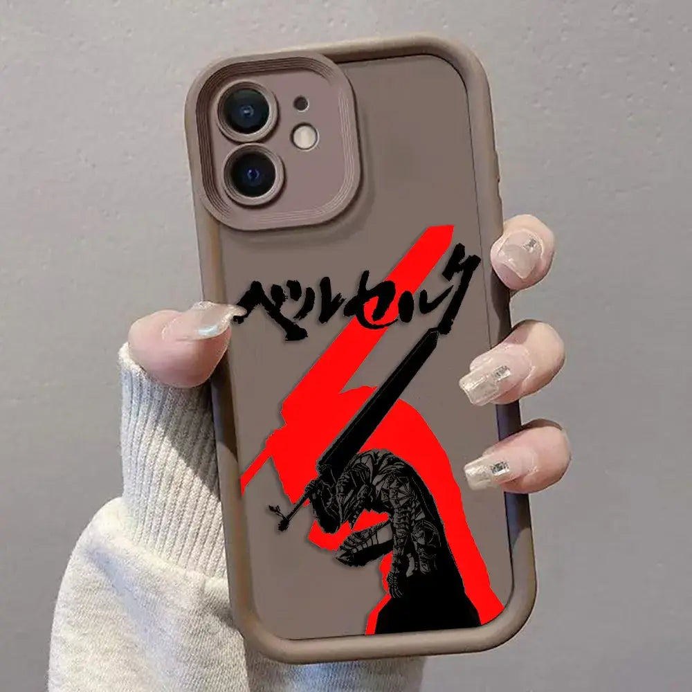 Gray tpu berserk guts phone case with black and red sword-wielding character and japanese text on the back side