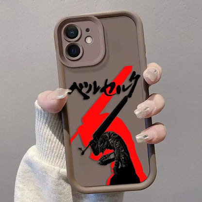 Gray tpu berserk guts phone case with black and red sword-wielding character and japanese text on the back side