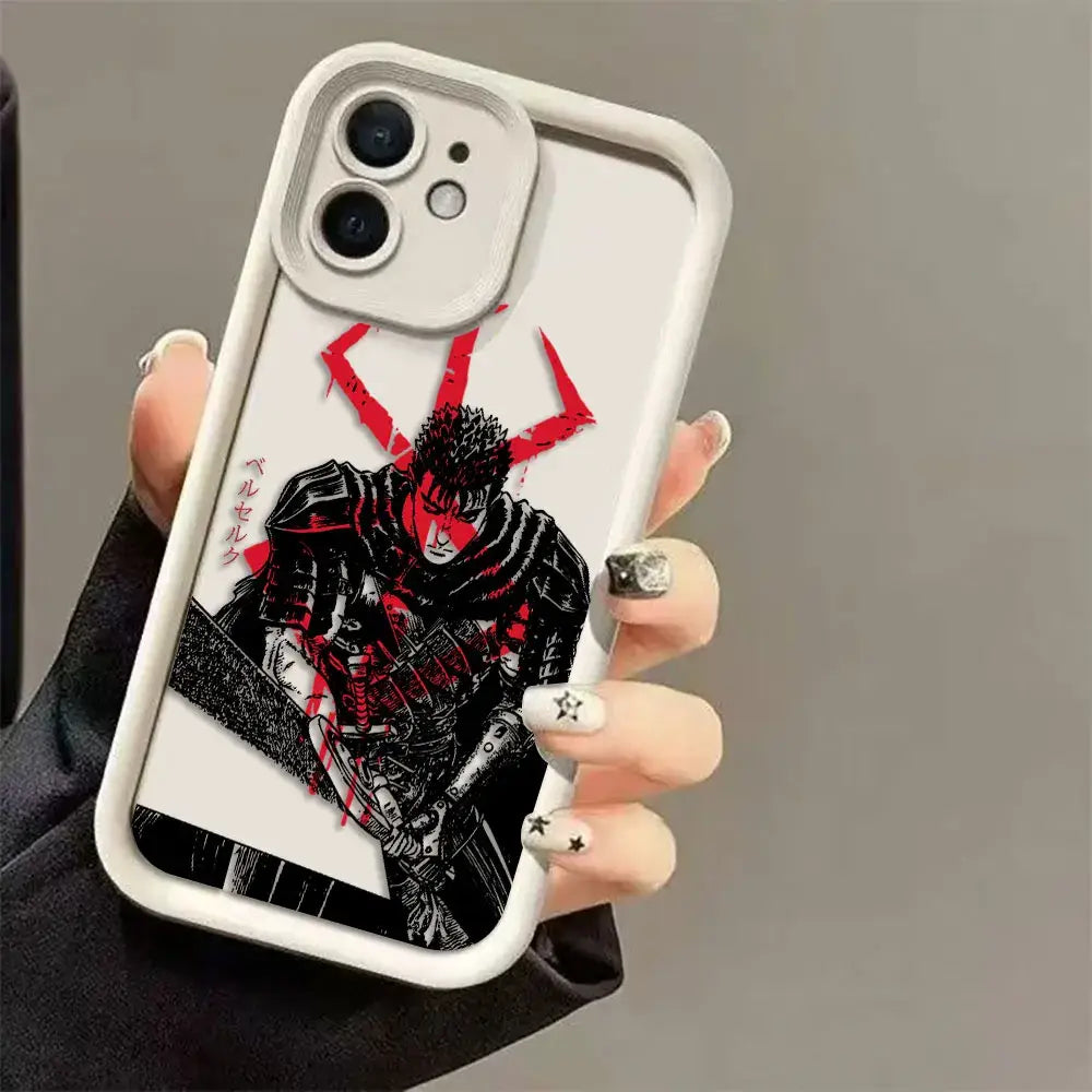 White tpu berserk guts phone case with black and red griffith illustration and japanese text on the back side