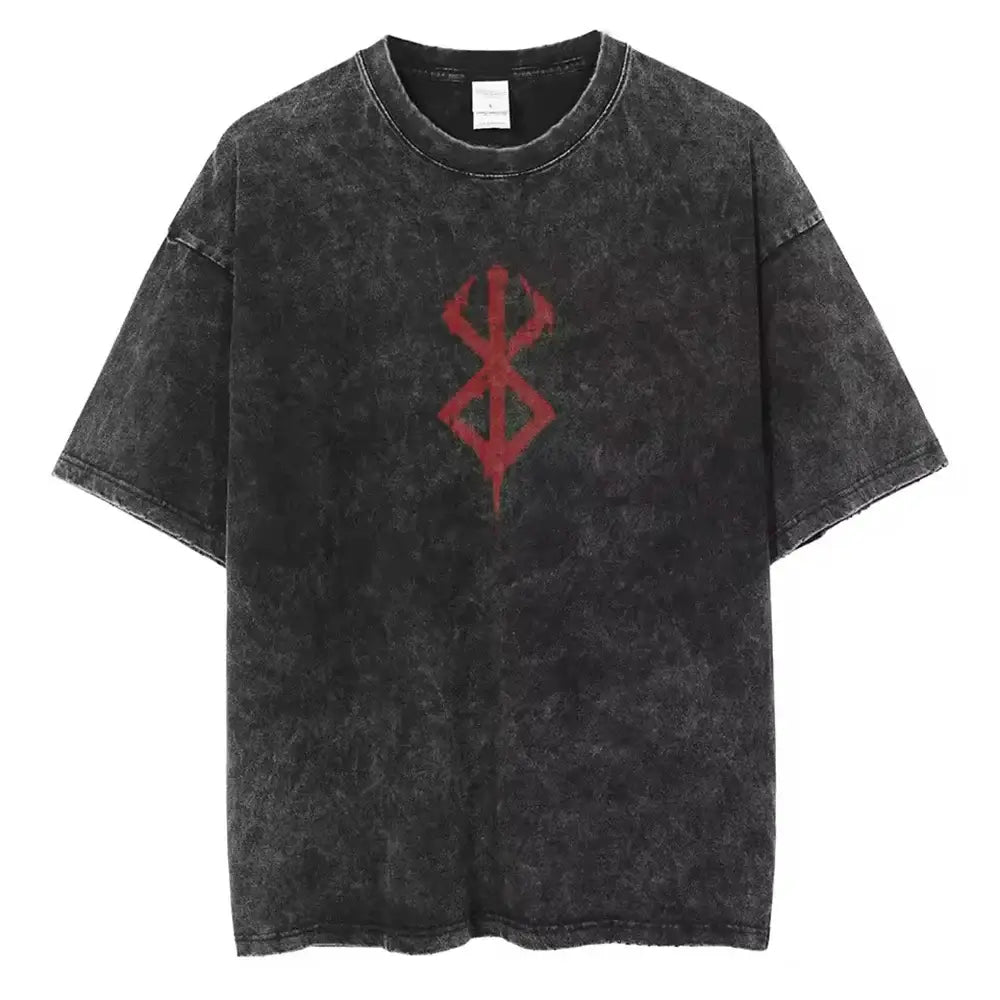 Black distressed oversized cotton t-shirt with bold red emblem on chest made from soft cotton