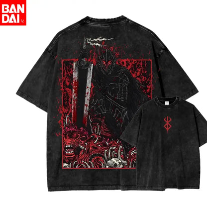 Black soft cotton oversized t-shirt featuring berserk guts graphic with armored figure and red splatter print