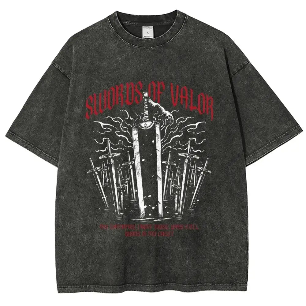 Black distressed oversized cotton t-shirt with swords of valor graphic print in red soft cotton material