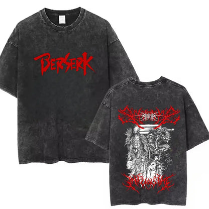 Black distressed oversized cotton t-shirt with bold red berserk lettering and detailed back illustration with red accents
