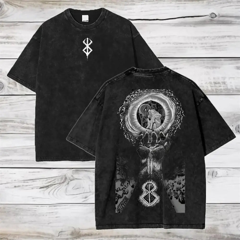 Black distressed oversized cotton t-shirt with berserk logo and white hand eye graphic made of soft cotton