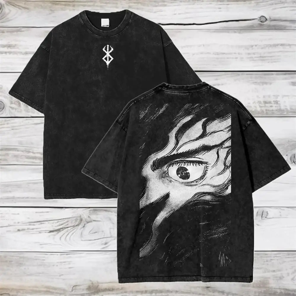 Black distressed oversized cotton t-shirt with soft cotton fabric featuring a detailed eye illustration on the back and chest emblem