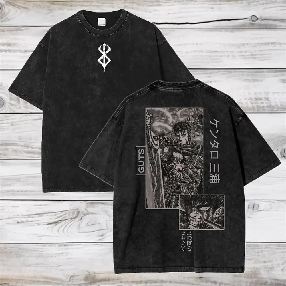 Back of black distressed soft cotton oversized t-shirt with detailed black and white guts berserk illustration and japanese text
