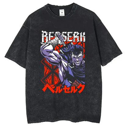Black distressed oversized soft cotton t-shirt featuring vibrant red and purple belzec graphic from berserk