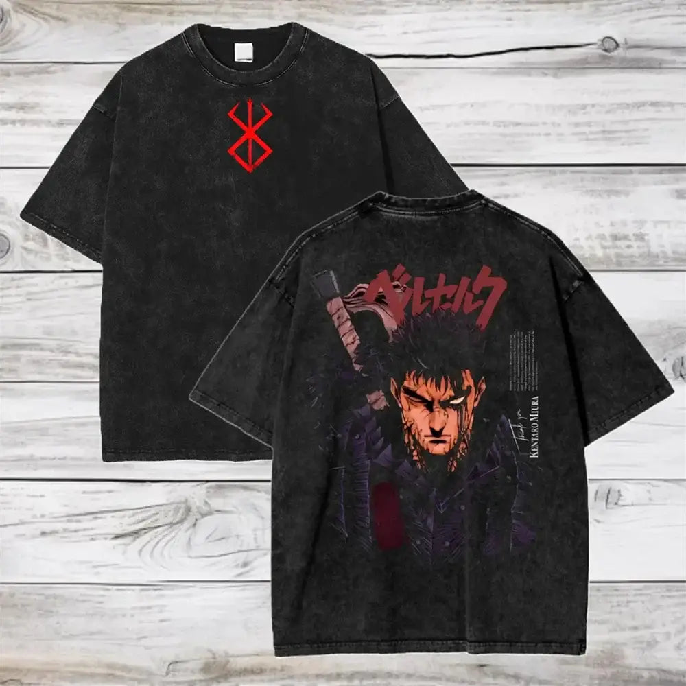 Black distressed oversized cotton t-shirt with red emblem front and detailed anime graphic and japanese text back soft cotton
