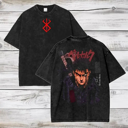 Black distressed oversized cotton t-shirt with red emblem front and detailed anime graphic and japanese text back soft cotton