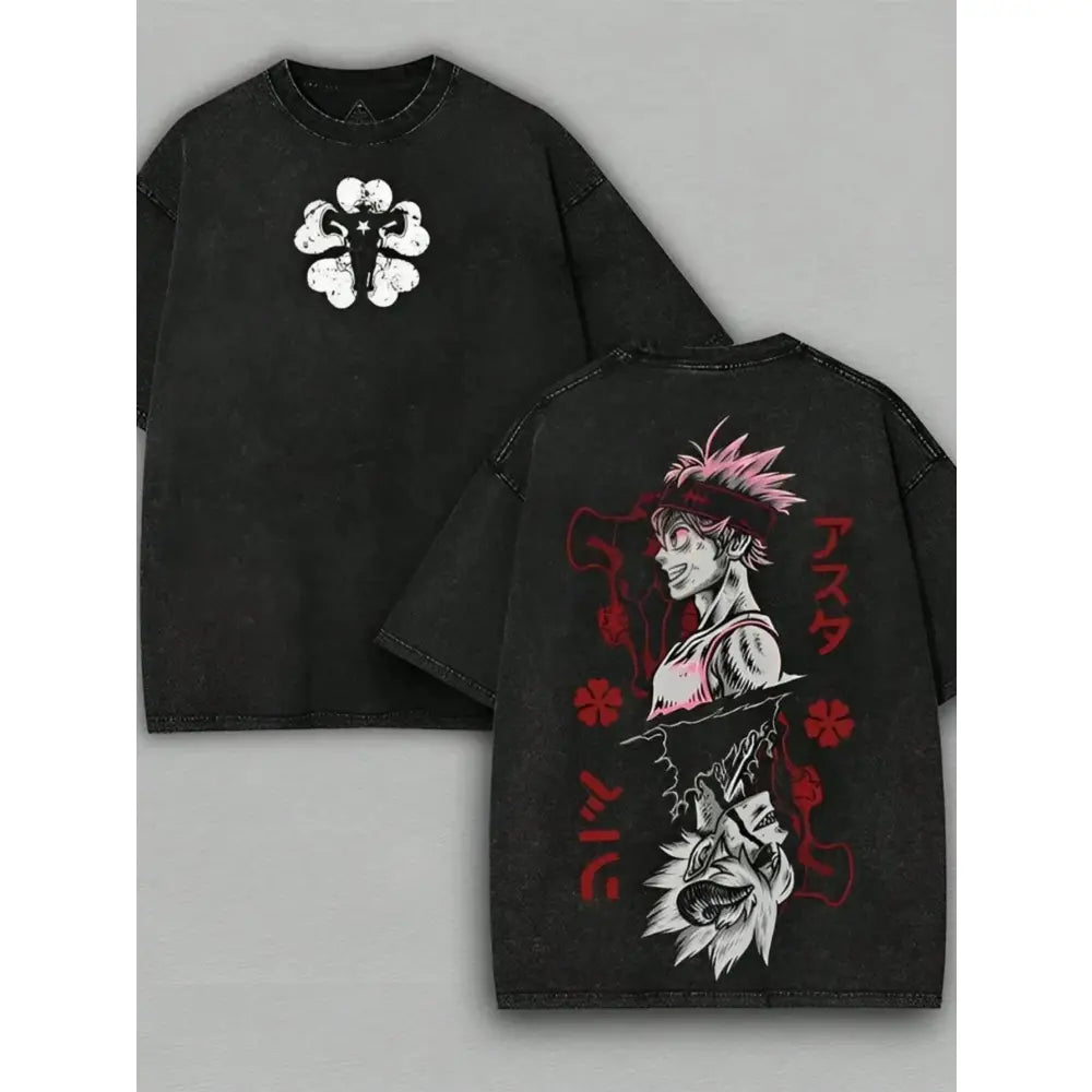Black clover asta oversized black t-shirt with white four-leaf clover front and pink-haired character graphic back