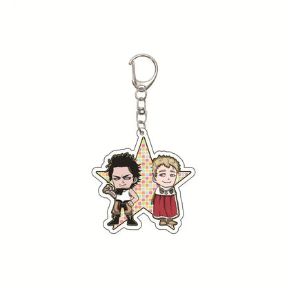 Star-shaped black clover asta acrylic keychain featuring two chibi anime characters with checkered background bag pendant