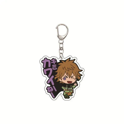 Black clover asta chibi-style acrylic keychain featuring brown hair green and black attire with purple japanese text