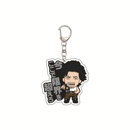 Black clover asta acrylic keychain in black and white featuring chibi character with curly hair and japanese text