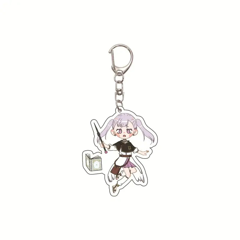 Silver-toned black clover asta acrylic keychain featuring chibi anime character with purple hair holding wand and book