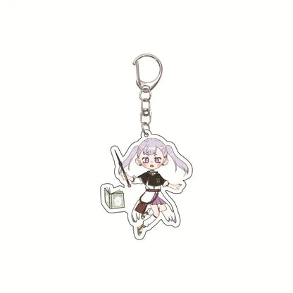 Silver-toned black clover asta acrylic keychain featuring chibi anime character with purple hair holding wand and book