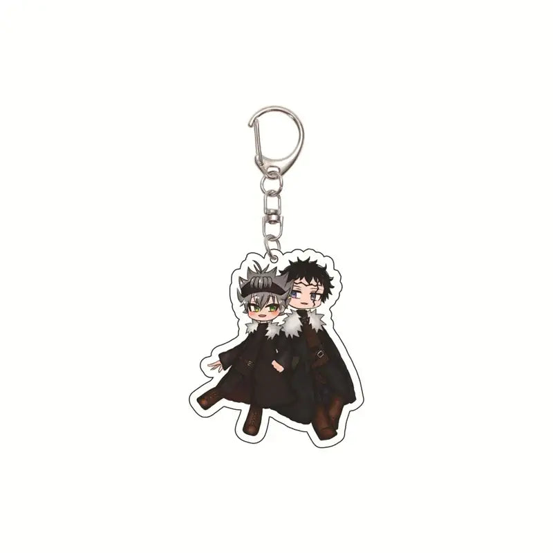 Black clover asta black and white acrylic keychain featuring two anime characters in matching dark cloaks with fur collars
