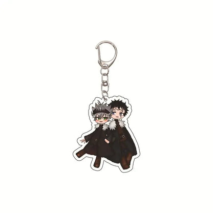 Black clover asta black and white acrylic keychain featuring two anime characters in matching dark cloaks with fur collars