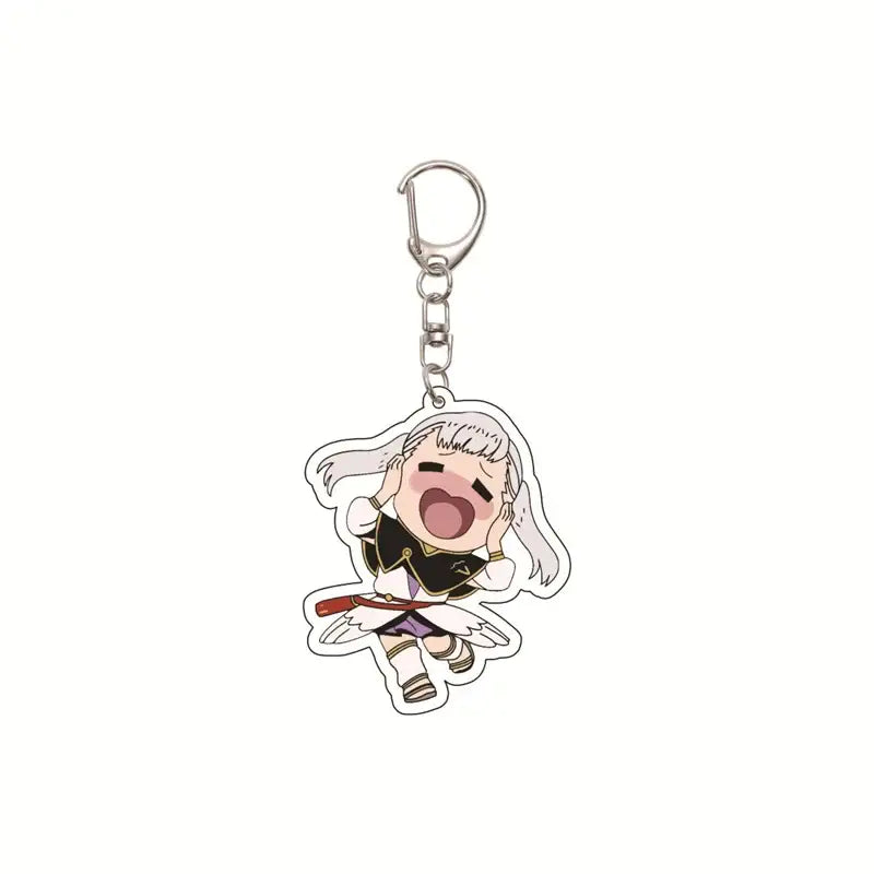 Silver acrylic black clover asta keychain featuring chibi white-haired character with red sword bag pendant