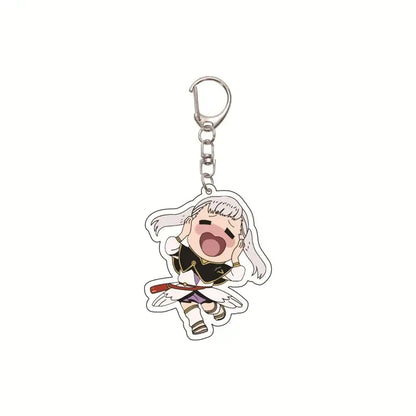 Silver acrylic black clover asta keychain featuring chibi white-haired character with red sword bag pendant