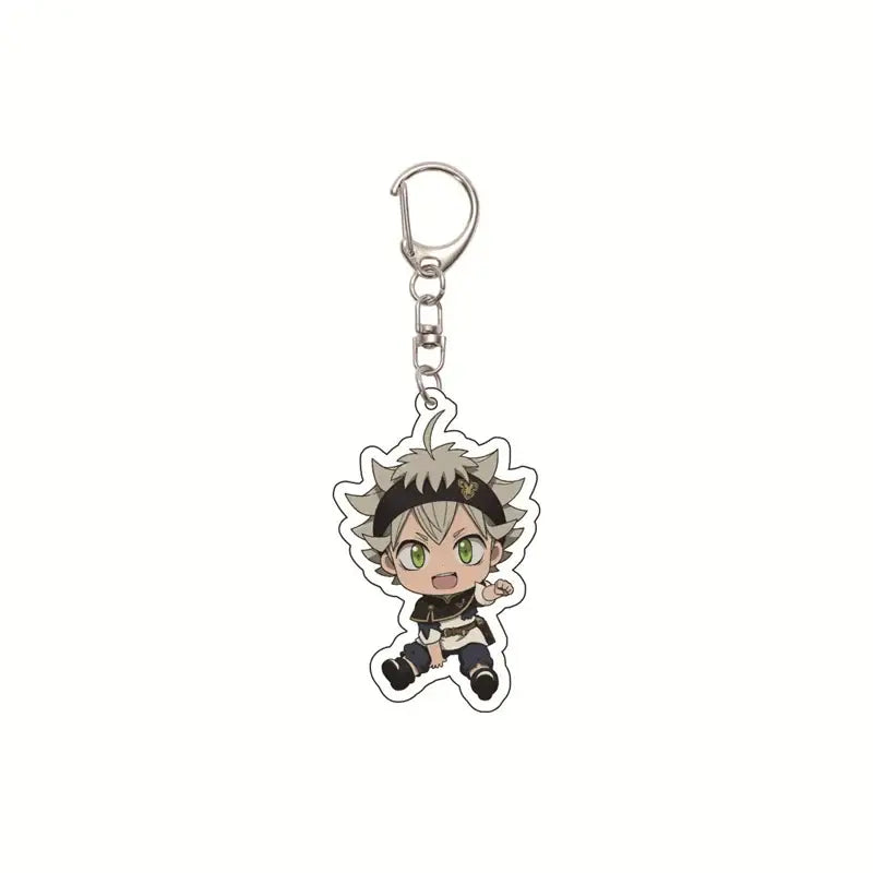 Translucent black clover asta acrylic keychain featuring chibi character with silver hair green eyes and black attire
