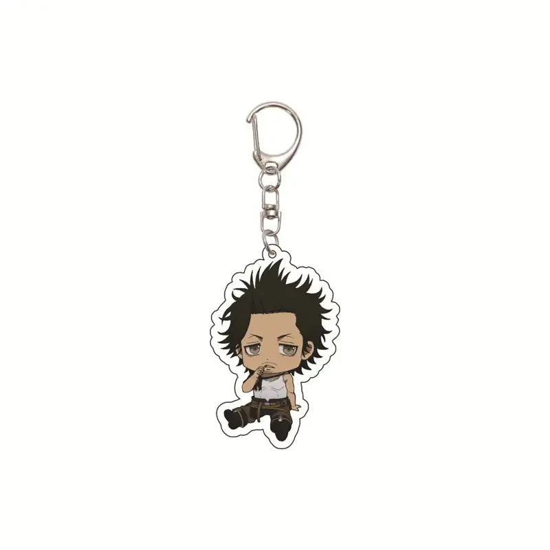 Chibi-style black clover asta acrylic keychain with spiky black hair in white tank top and brown pants bag pendant