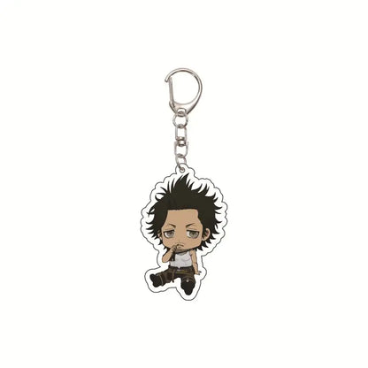 Chibi-style black clover asta acrylic keychain with spiky black hair in white tank top and brown pants bag pendant