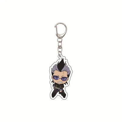 Chibi-style black clover asta acrylic keychain with spiky black and gray hair purple sunglasses and dark outfit bag pendant