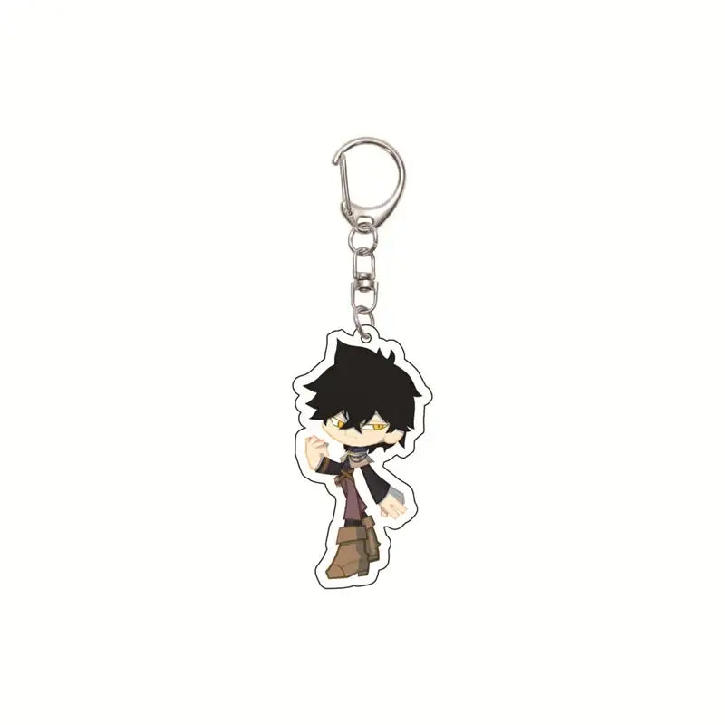 Black clover asta acrylic keychain featuring a black-haired chibi character with yellow eyes and brown boots on a silver clip