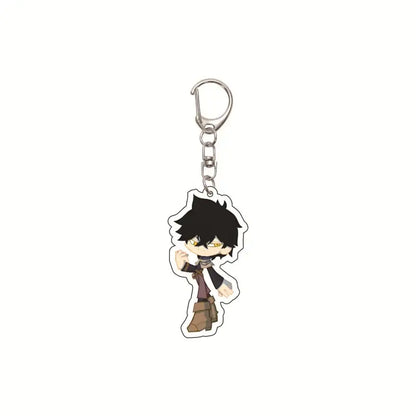 Black clover asta acrylic keychain featuring a black-haired chibi character with yellow eyes and brown boots on a silver clip