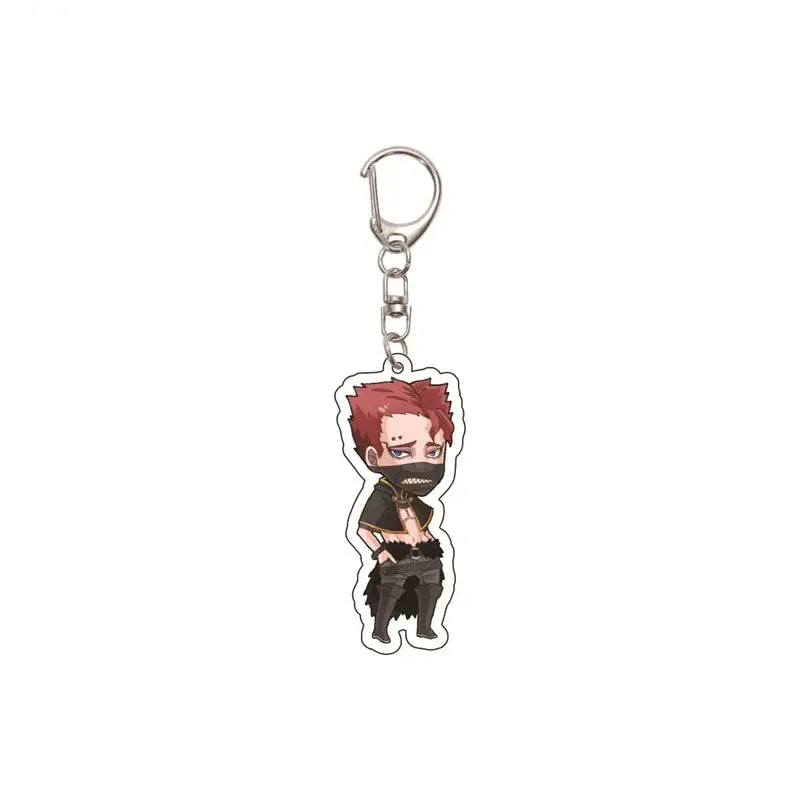 Black clover asta acrylic keychain featuring red-haired character with black mask and outfit on glossy acrylic with metal clip
