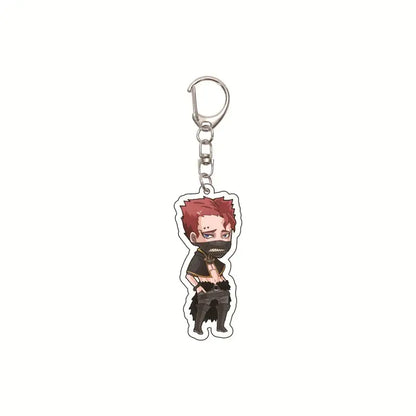 Black clover asta acrylic keychain featuring red-haired character with black mask and outfit on glossy acrylic with metal clip