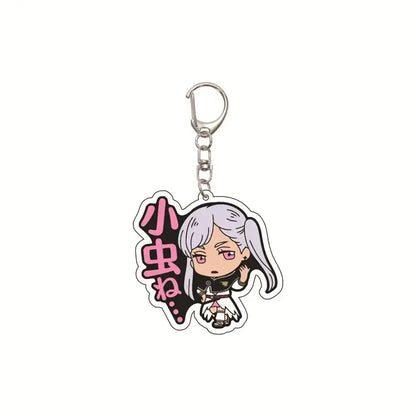 Black clover asta acrylic keychain features a silver-accented chibi anime character with white hair and pink eyes
