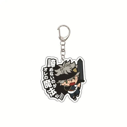 Black clover asta acrylic keychain features a black and white chibi character with gray hair and green eyes holding a sword