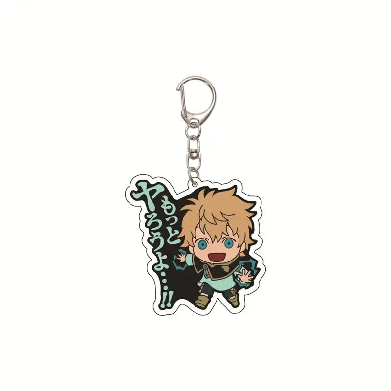 Chibi blonde black clover asta acrylic keychain with blue eyes wearing teal and black outfit on dark background with green text