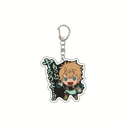 Chibi blonde black clover asta acrylic keychain with blue eyes wearing teal and black outfit on dark background with green text