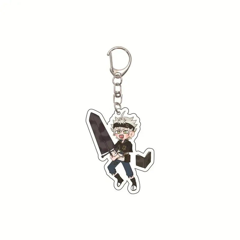 Clear acrylic black clover asta keychain featuring chibi character with spiky white hair holding large sword bag pendant