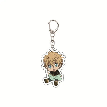 Chibi-style black clover asta acrylic keychain with blonde hair blue eyes black top light green pants bag pendant