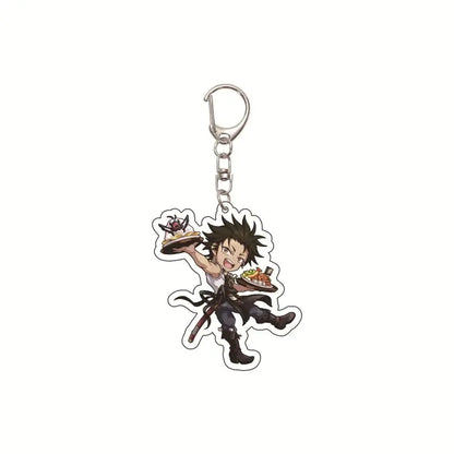 Clear acrylic black clover asta keychain featuring chibi character with spiky black hair holding trays of food with clip