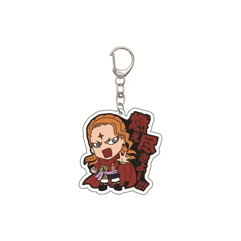 A red and black acrylic black clover asta keychain featuring a chibi character with orange hair and cape holding one hand up