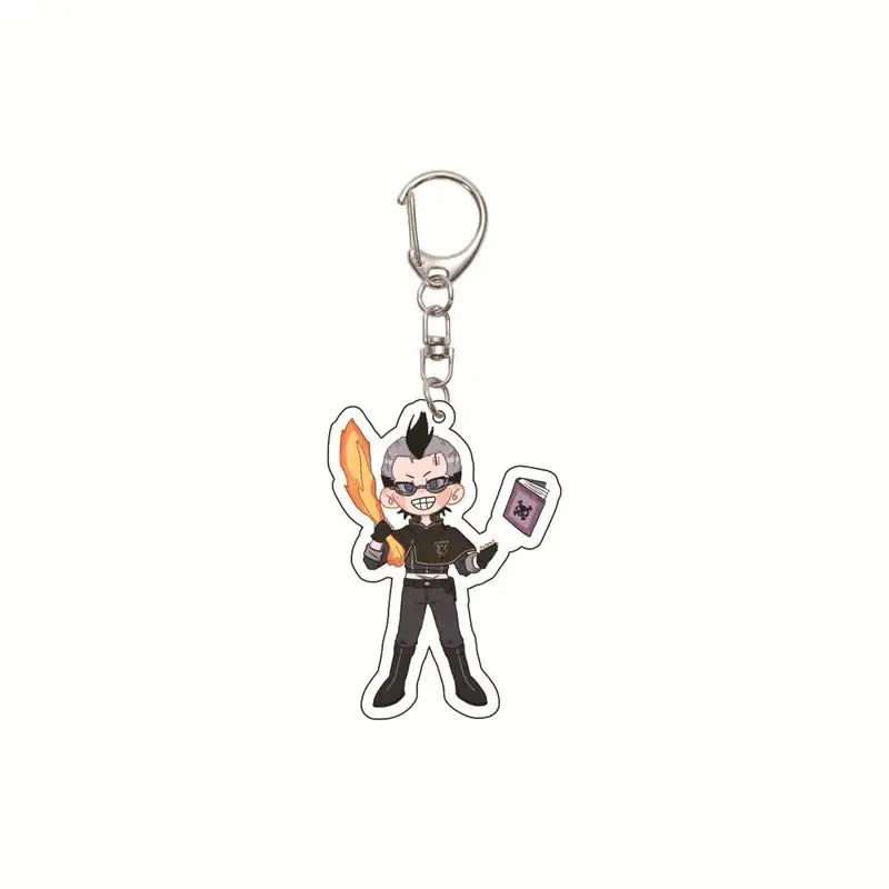 Black clover asta acrylic keychain bag pendant in black and silver with chibi character holding flame and book