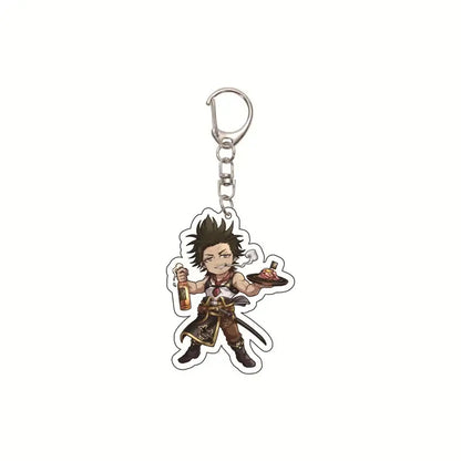 Chibi-style black clover asta acrylic keychain in brown and gold armor holding a bottle and plate of food