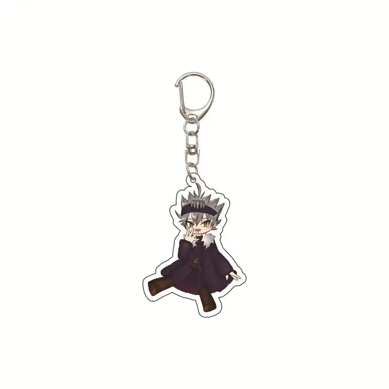 Black clover asta acrylic keychain with chibi silver hair character in dark purple coat with white fur trim bag pendant