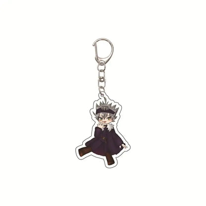 Black clover asta acrylic keychain with chibi silver hair character in dark purple coat with white fur trim bag pendant