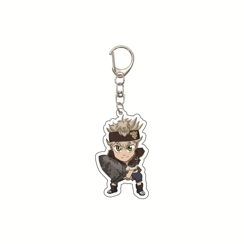 Black clover asta clear acrylic keychain featuring chibi character with spiky silver hair and brown headband pendant